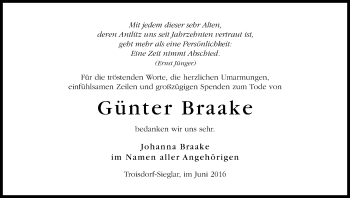 Anzeige von Günter Braake von Kölner Stadt-Anzeiger / Kölnische Rundschau / Express