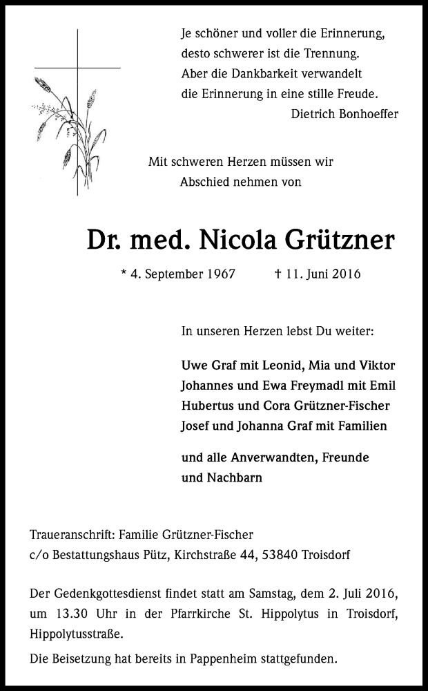  Traueranzeige für Nicola Grützner vom 25.06.2016 aus Kölner Stadt-Anzeiger / Kölnische Rundschau / Express