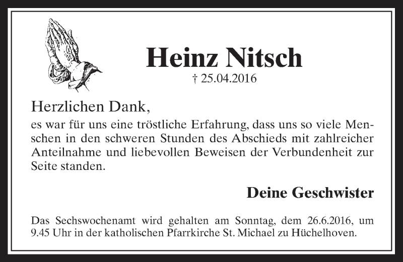  Traueranzeige für Heinz Nitsch vom 15.06.2016 aus  Werbepost 