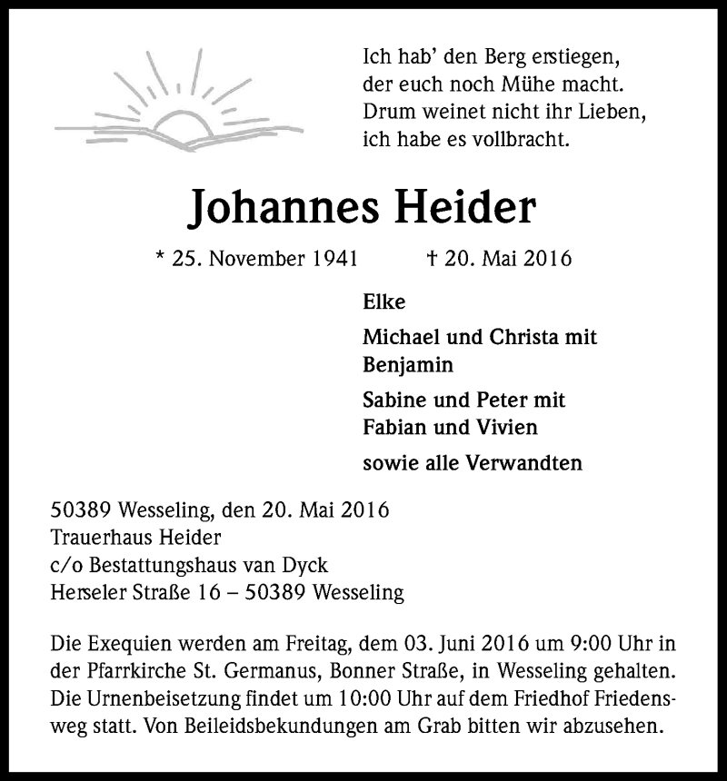  Traueranzeige für Johannes Heider vom 02.06.2016 aus Kölner Stadt-Anzeiger / Kölnische Rundschau / Express