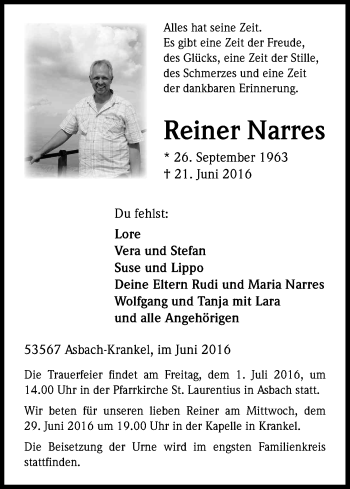 Anzeige von Reiner Narres von Kölner Stadt-Anzeiger / Kölnische Rundschau / Express