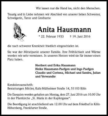 Anzeige von Anita Hausmann von Kölner Stadt-Anzeiger / Kölnische Rundschau / Express