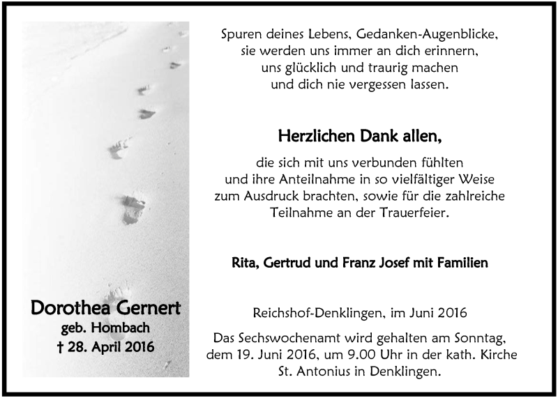  Traueranzeige für Dorothea Gernert vom 15.06.2016 aus  Lokalanzeiger 