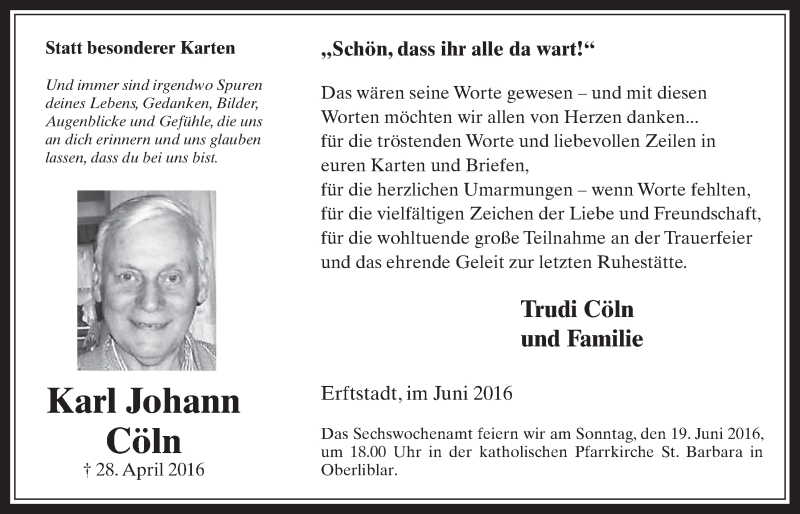  Traueranzeige für Karl Johann Cöln vom 15.06.2016 aus  Werbepost 