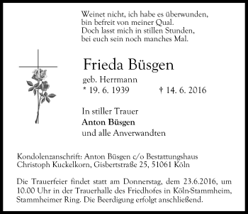 Anzeige von Frieda Büsgen von Kölner Stadt-Anzeiger / Kölnische Rundschau / Express