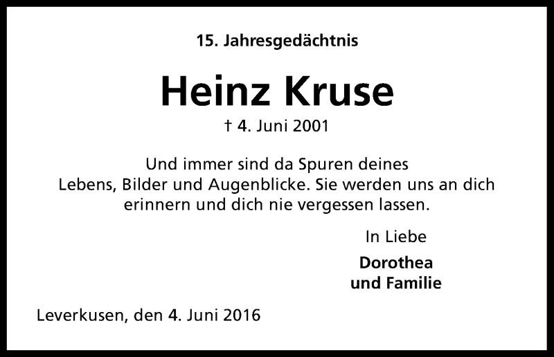  Traueranzeige für Heinz Kruse vom 04.06.2016 aus Kölner Stadt-Anzeiger / Kölnische Rundschau / Express