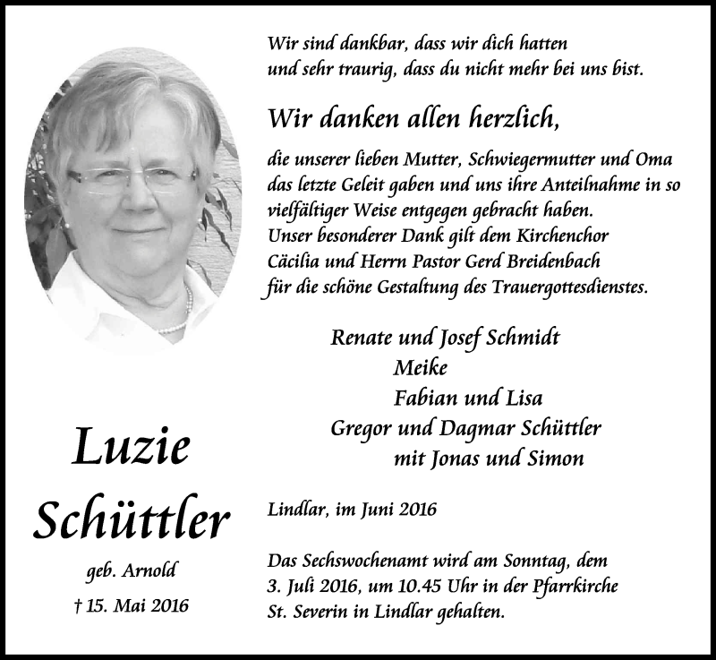  Traueranzeige für Luzie Schüttler vom 25.06.2016 aus Kölner Stadt-Anzeiger / Kölnische Rundschau / Express