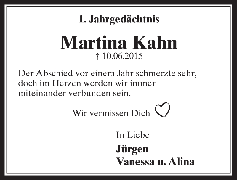  Traueranzeige für Martina Kahn vom 11.06.2016 aus  Sonntags-Post 