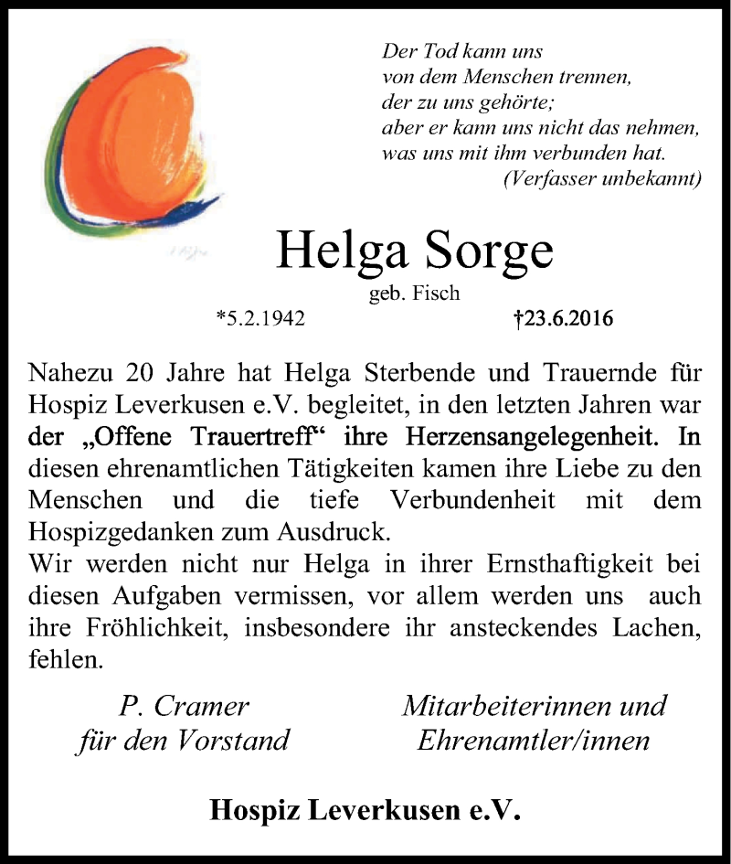  Traueranzeige für Helga Sorge vom 28.06.2016 aus Kölner Stadt-Anzeiger / Kölnische Rundschau / Express
