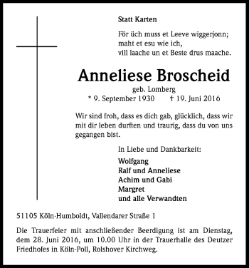 Anzeige von Anneliese Broscheid von Kölner Stadt-Anzeiger / Kölnische Rundschau / Express