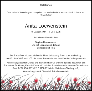Anzeige von Anita Loewenstein von Kölner Stadt-Anzeiger / Kölnische Rundschau / Express