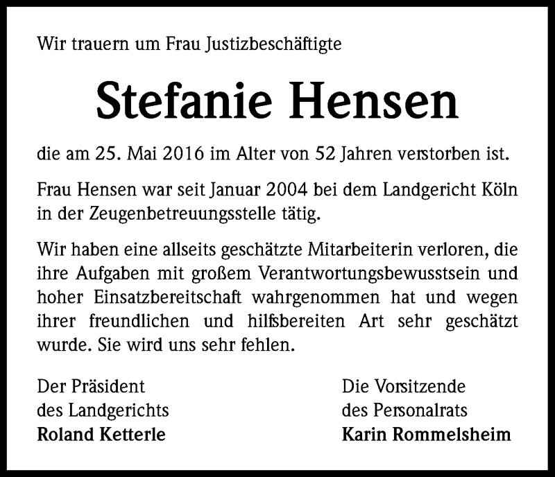  Traueranzeige für Stefanie Hensen vom 04.06.2016 aus Kölner Stadt-Anzeiger / Kölnische Rundschau / Express