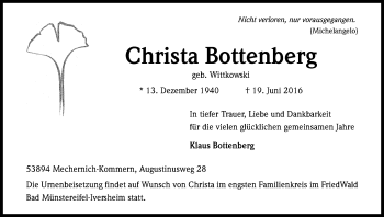 Anzeige von Christa Bottenberg von Kölner Stadt-Anzeiger / Kölnische Rundschau / Express