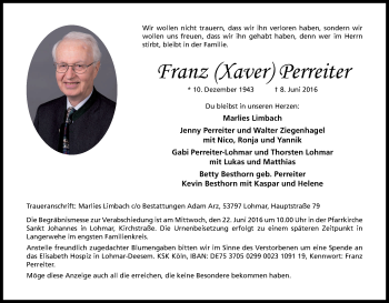 Anzeige von Franz Perreiter von Kölner Stadt-Anzeiger / Kölnische Rundschau / Express