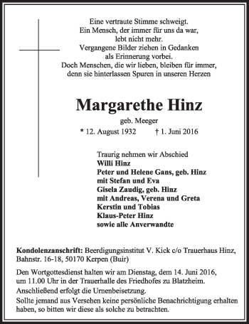 Anzeige von Margarethe Hinz von  Sonntags-Post 