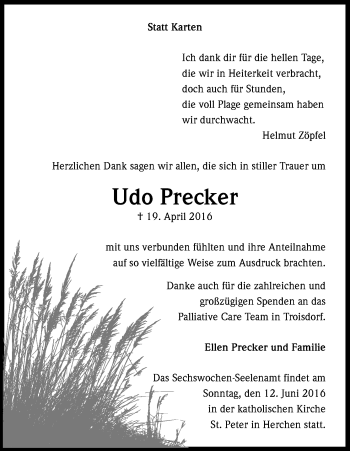 Anzeige von Udo Precker von Kölner Stadt-Anzeiger / Kölnische Rundschau / Express