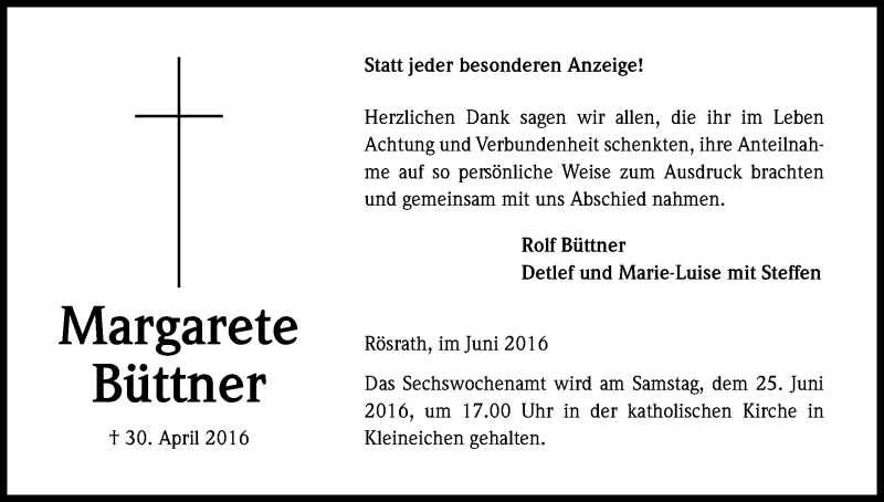  Traueranzeige für Margarete Büttner vom 18.06.2016 aus Kölner Stadt-Anzeiger / Kölnische Rundschau / Express