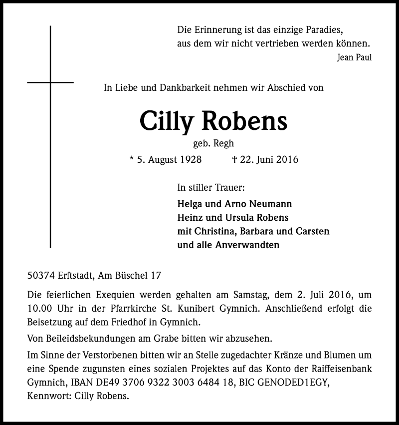  Traueranzeige für Cilly Robens vom 28.06.2016 aus Kölner Stadt-Anzeiger / Kölnische Rundschau / Express