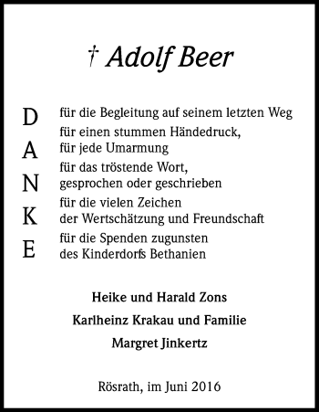Anzeige von Adolf Beer von Kölner Stadt-Anzeiger / Kölnische Rundschau / Express