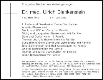 Anzeige von Ulrich Blankenstein von Kölner Stadt-Anzeiger / Kölnische Rundschau / Express