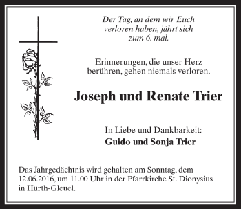 Anzeige von Joseph und Renate Trier von  Wochenende 