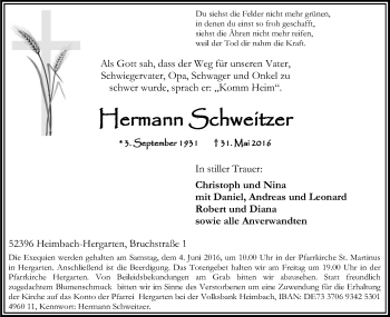 Anzeige von Hermann Schweitzer von Kölner Stadt-Anzeiger / Kölnische Rundschau / Express