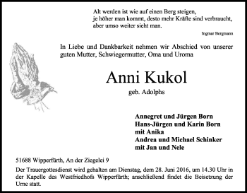 Anzeige von Anni Kukol von Kölner Stadt-Anzeiger / Kölnische Rundschau / Express