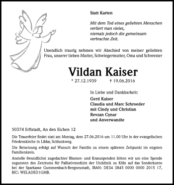 Anzeige von Vildan Kaiser von Kölner Stadt-Anzeiger / Kölnische Rundschau / Express