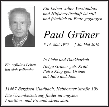 Anzeige von Paul Grüner von  Bergisches Handelsblatt 