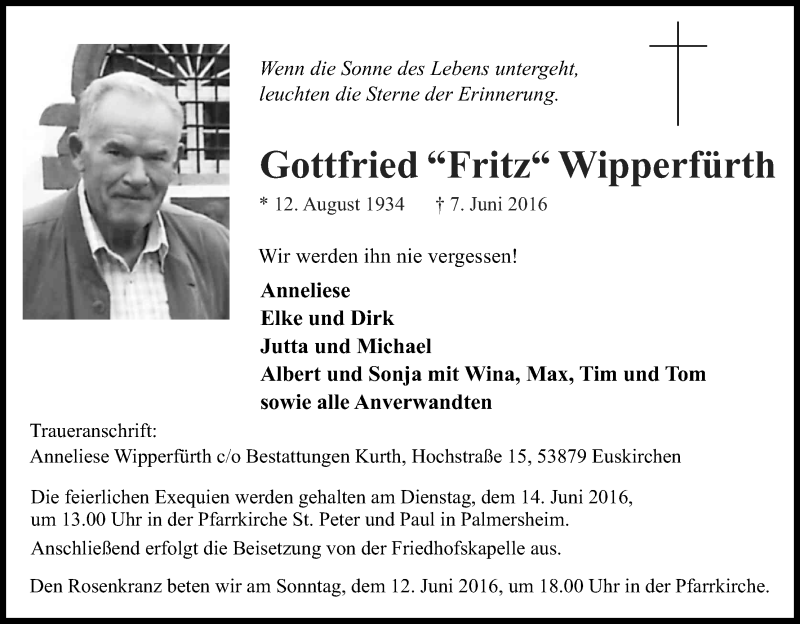  Traueranzeige für Gottfried Wipperfürth vom 11.06.2016 aus Kölner Stadt-Anzeiger / Kölnische Rundschau / Express