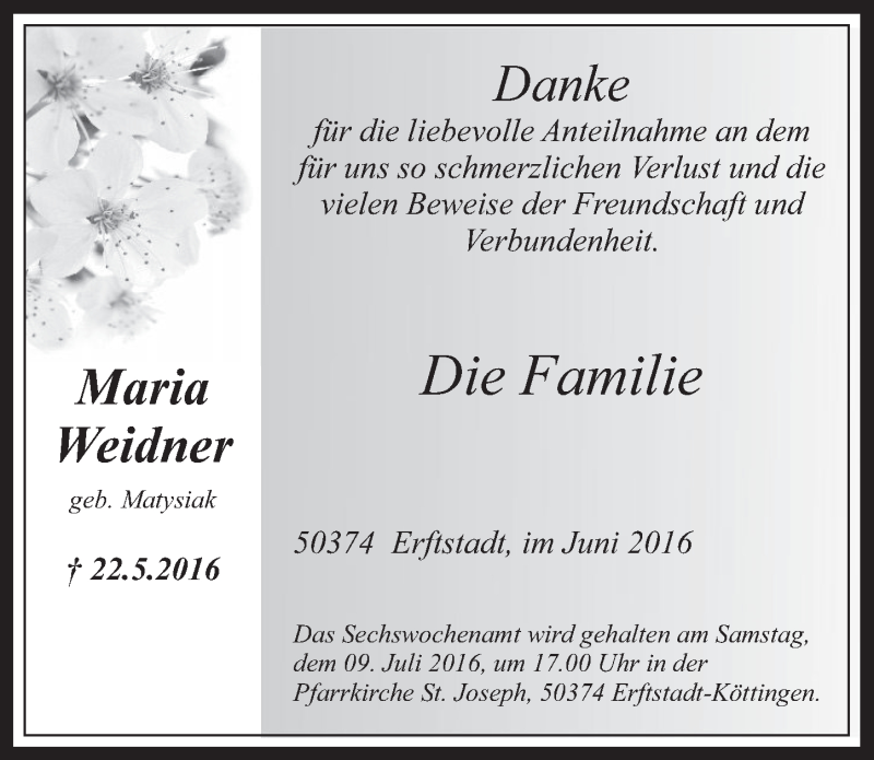  Traueranzeige für Maria Weidner vom 29.06.2016 aus  Werbepost 
