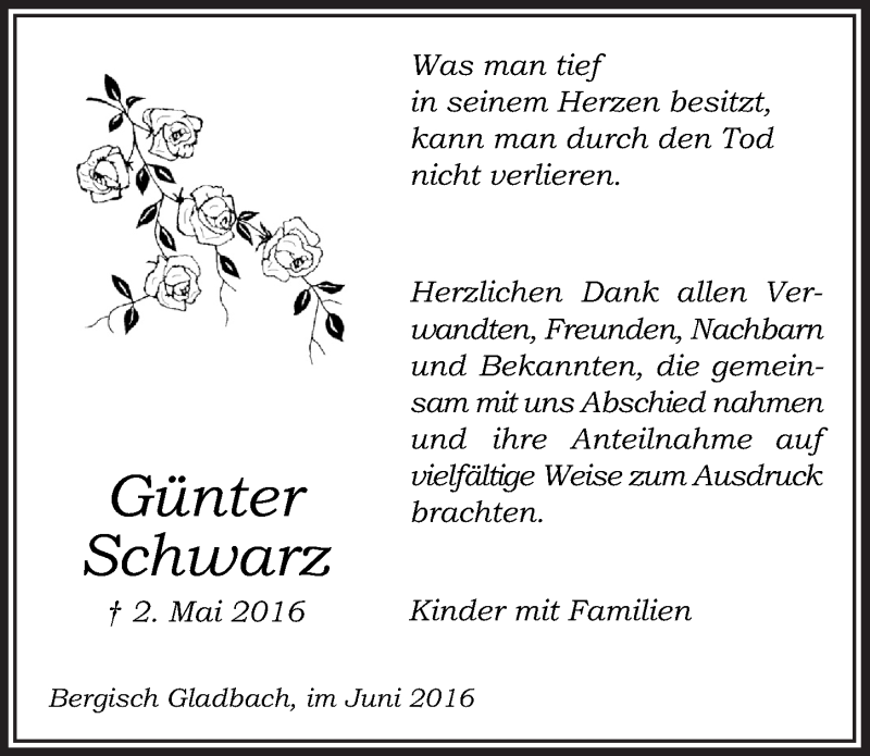  Traueranzeige für Günter Schwarz vom 08.06.2016 aus  Bergisches Handelsblatt 