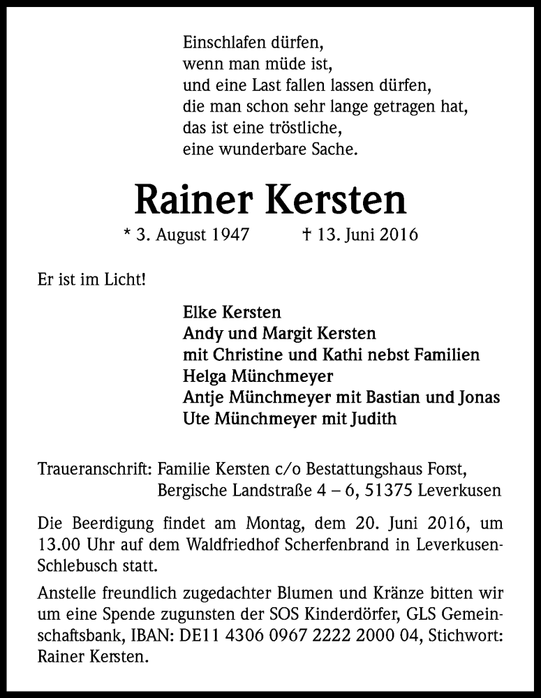  Traueranzeige für Rainer Kersten vom 18.06.2016 aus Kölner Stadt-Anzeiger / Kölnische Rundschau / Express
