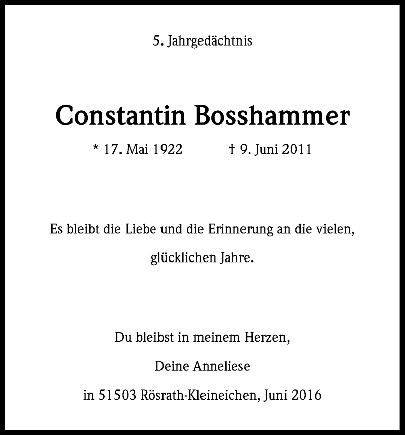  Traueranzeige für Constantin Bosshammer vom 09.06.2016 aus Kölner Stadt-Anzeiger / Kölnische Rundschau / Express