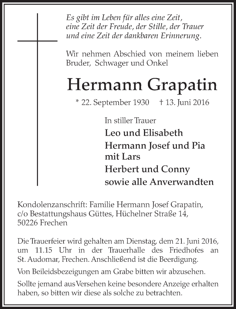  Traueranzeige für Hermann Grapatin vom 18.06.2016 aus  Sonntags-Post 