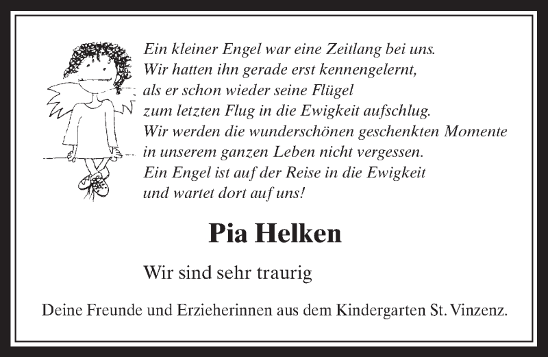  Traueranzeige für Pia Helken vom 13.07.2016 aus  Werbepost 