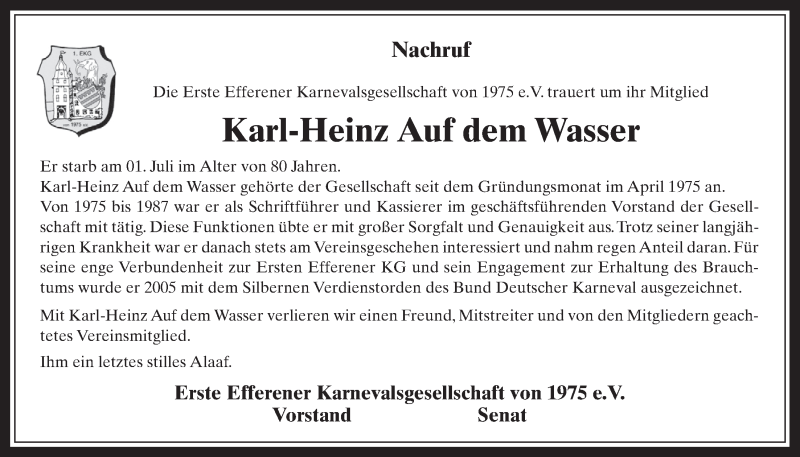  Traueranzeige für Karl-Heinz Auf dem Wasser vom 13.07.2016 aus  Wochenende 