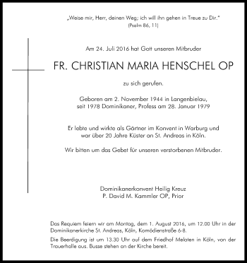 Anzeige von Christian Maria Henschel von Kölner Stadt-Anzeiger / Kölnische Rundschau / Express