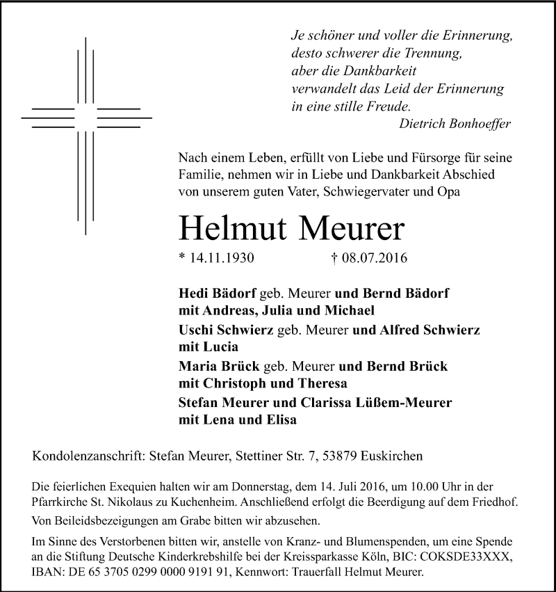  Traueranzeige für Helmut Meurer vom 12.07.2016 aus Kölner Stadt-Anzeiger / Kölnische Rundschau / Express