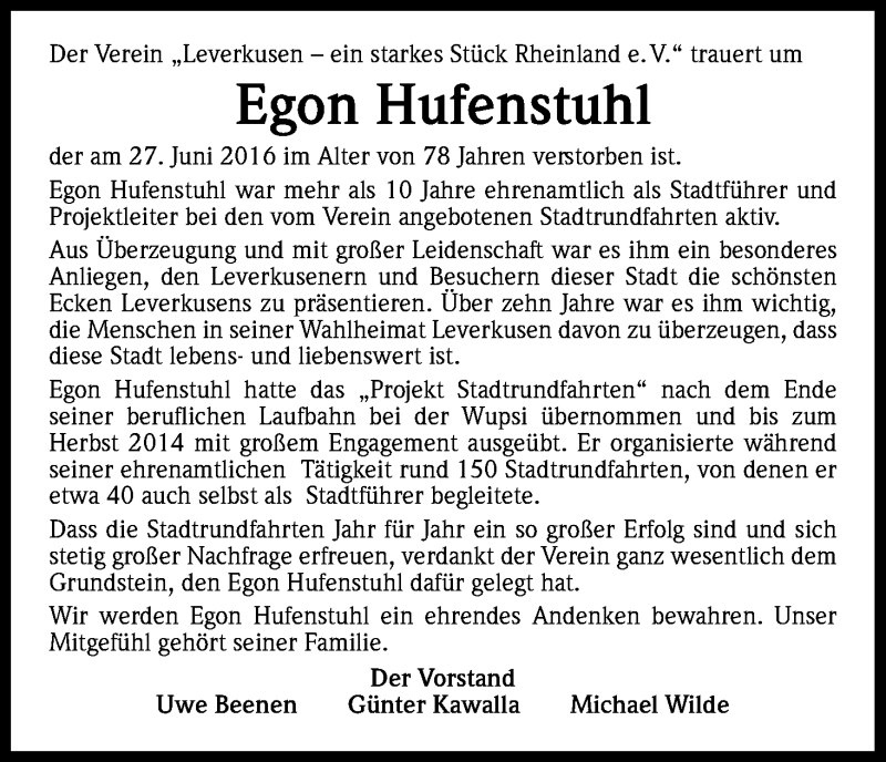  Traueranzeige für Egon Hufenstuhl vom 05.07.2016 aus Kölner Stadt-Anzeiger / Kölnische Rundschau / Express