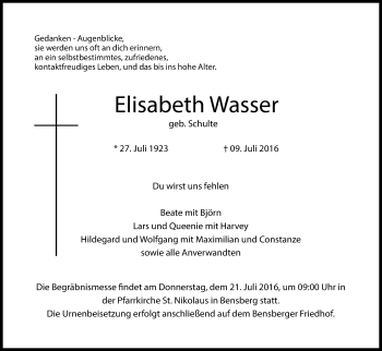 Anzeige von Elisabeth Wasser von Kölner Stadt-Anzeiger / Kölnische Rundschau / Express