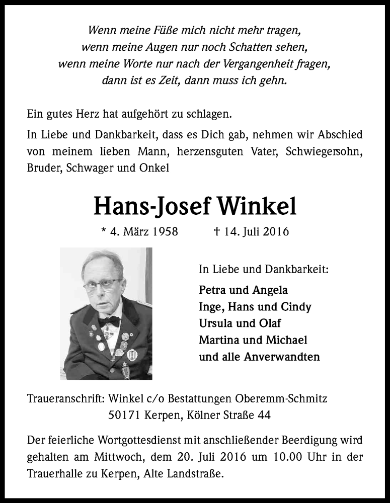  Traueranzeige für Hans-Josef Winkel vom 18.07.2016 aus Kölner Stadt-Anzeiger / Kölnische Rundschau / Express