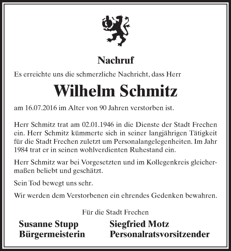  Traueranzeige für Wilhelm Schmitz vom 30.07.2016 aus  Sonntags-Post 