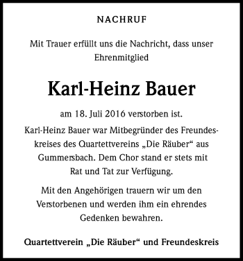 Anzeige von Karl-Heinz Bauer von Kölner Stadt-Anzeiger / Kölnische Rundschau / Express