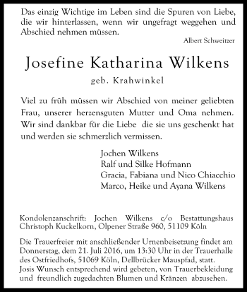 Anzeige von Josefine Katharina Wilkens von Kölner Stadt-Anzeiger / Kölnische Rundschau / Express