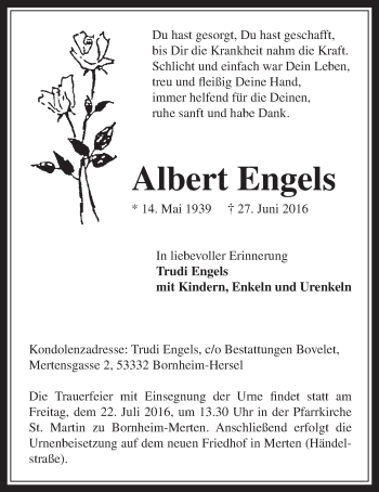 Anzeige von Albert Engels von  Schaufenster/Blickpunkt 