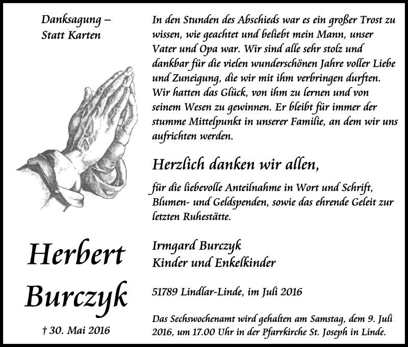  Traueranzeige für Herbert Burczyk vom 02.07.2016 aus Kölner Stadt-Anzeiger / Kölnische Rundschau / Express