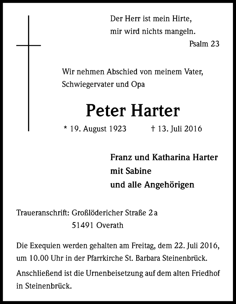  Traueranzeige für Peter Harter vom 16.07.2016 aus Kölner Stadt-Anzeiger / Kölnische Rundschau / Express