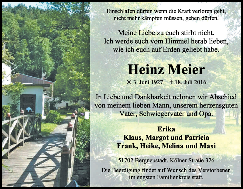  Traueranzeige für Heinz Meier vom 20.07.2016 aus Kölner Stadt-Anzeiger / Kölnische Rundschau / Express