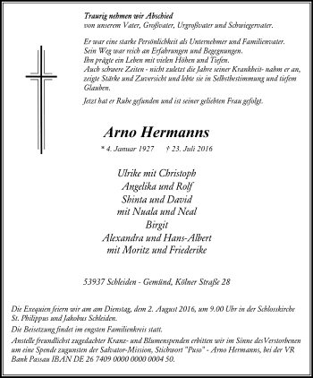 Anzeige von Arno Hermanns von Kölner Stadt-Anzeiger / Kölnische Rundschau / Express